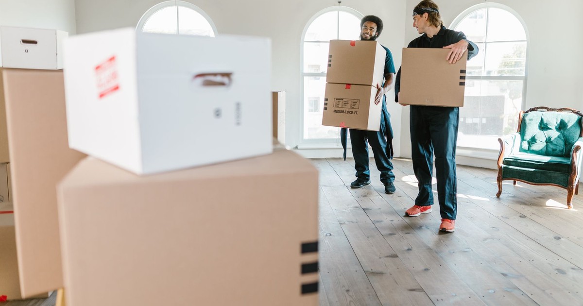 Two movers in uniform carrying boxes in a bright, new home setting.