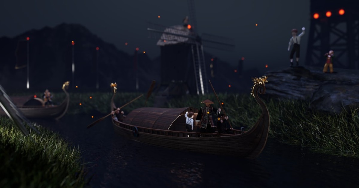 Viking ships sail down a dark river at night.