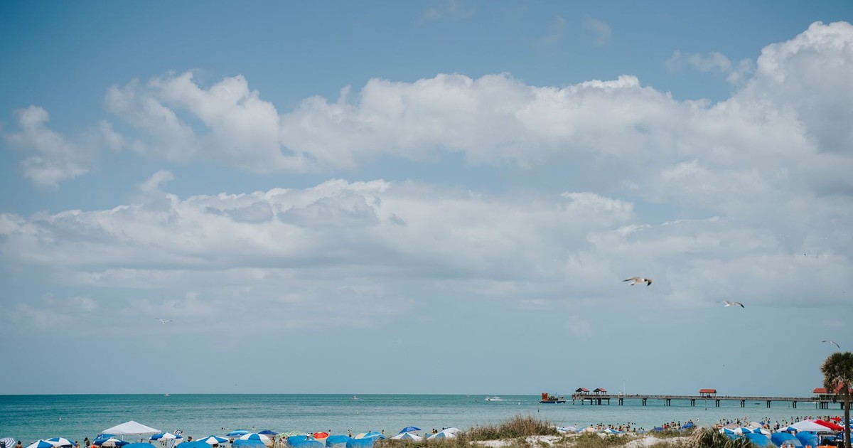 Relaxing scene of Clearwater Beach in Florida with beach umbrellas and a scenic ocean view.