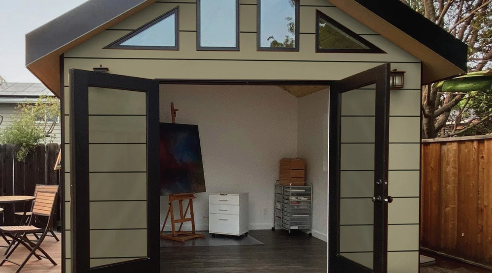 tan and brown shed with French doors