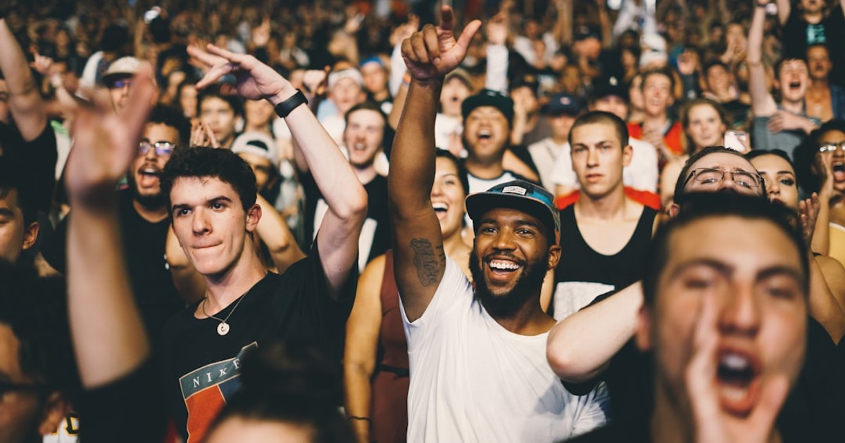 excited crowd cheering at concert or event