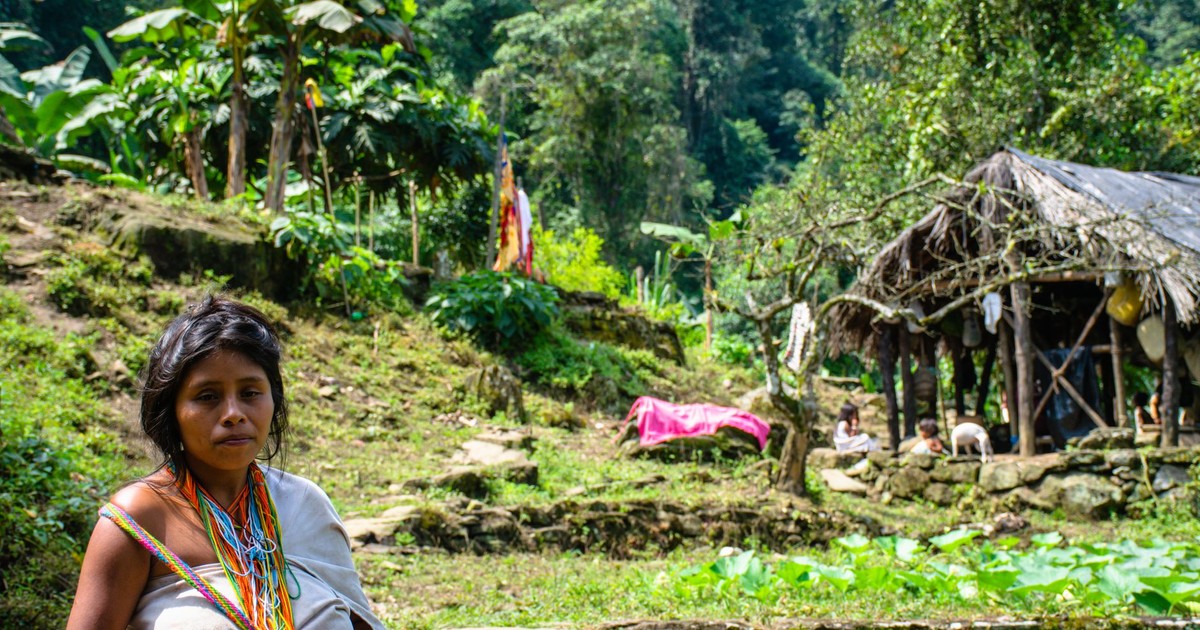 Indigenous woman in a vibrant Colombian jungle village, showcasing traditional living.
