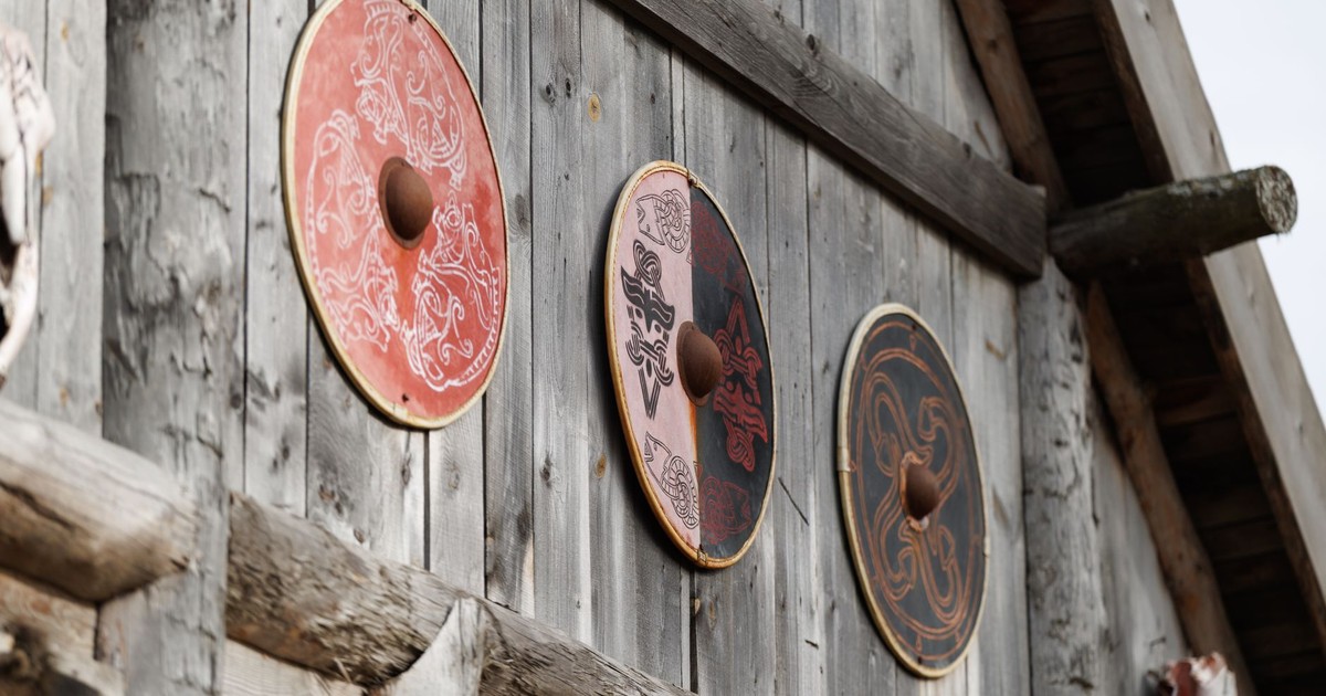 Wooden Viking shields adorn a rustic house in Kaliningrad, showcasing Norse art.