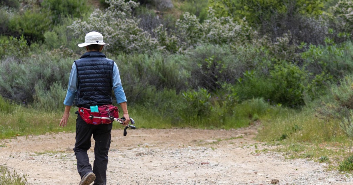 A solo hiker enjoying a leisurely walk on a scenic country trail amidst lush greenery.