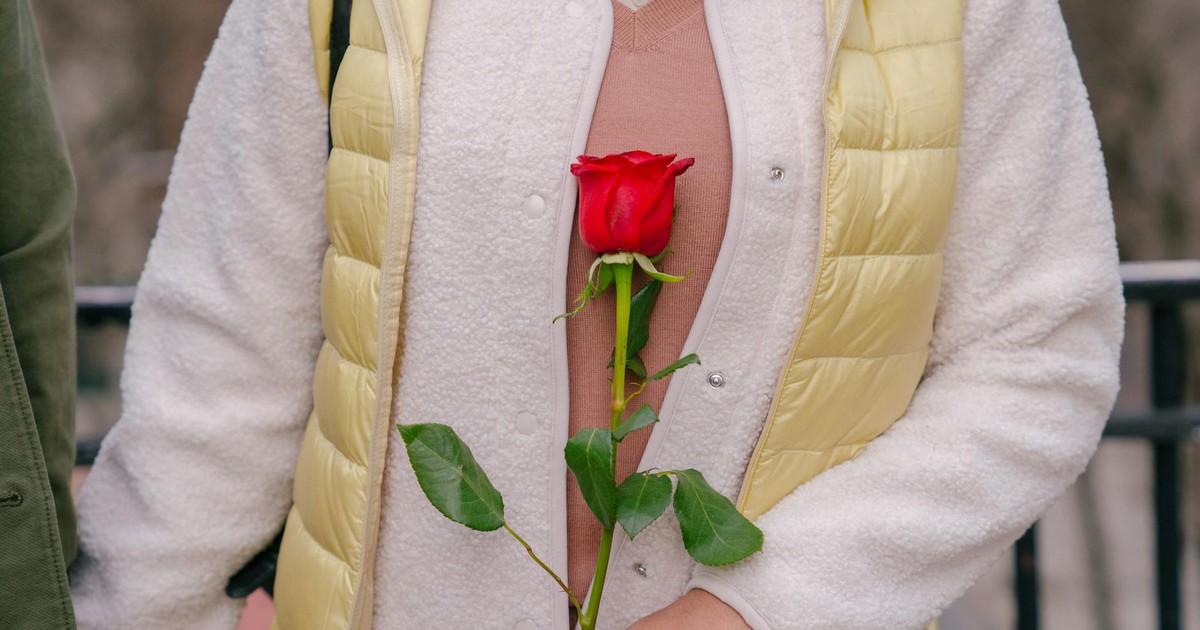 Crop anonymous female in casual clothes standing with fresh bright red rose on hand on street in daylight