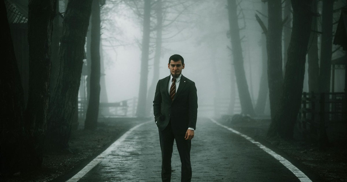 A solitary man in a suit stands on a foggy forest road, creating a moody atmosphere.