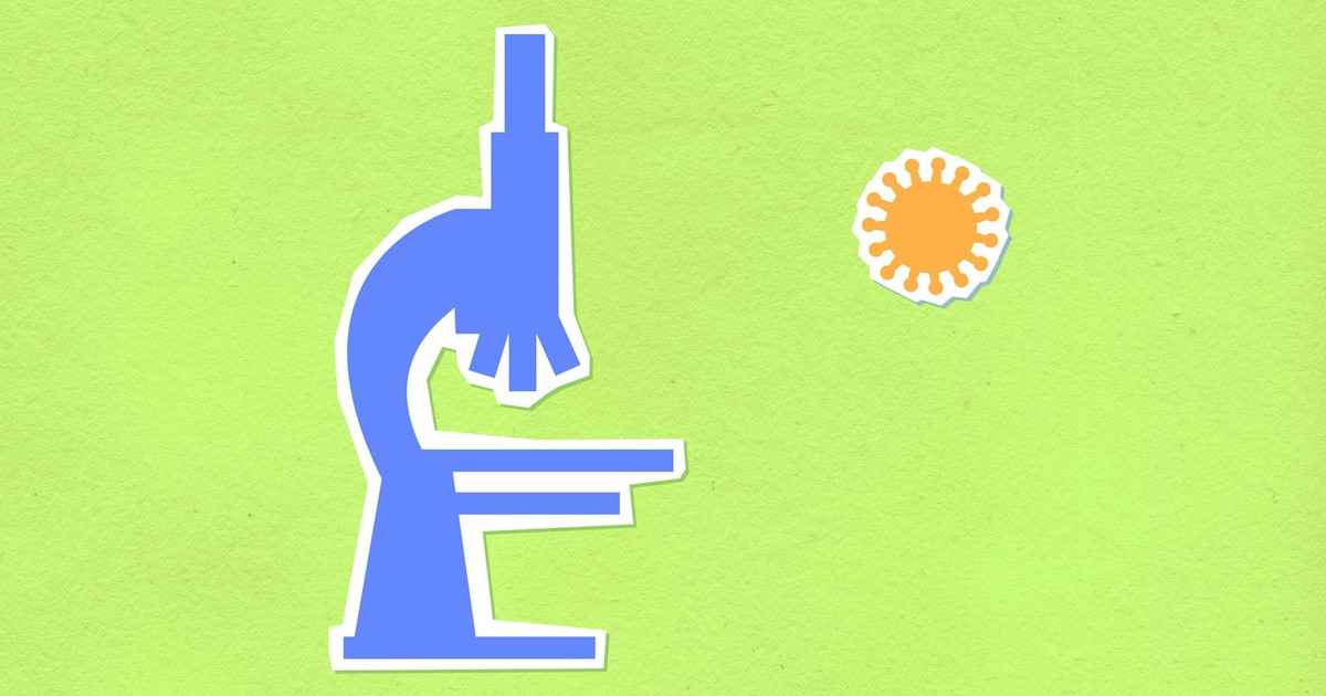 Creative design of cutout paper composition representing laboratory microscope and orange virus on bright background