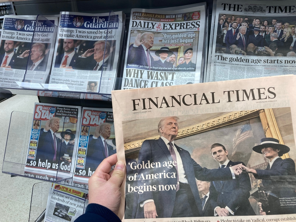 Nottinghamshire , UK 21 Jan 2025 : Inauguration of 47th US president Donald Trump , which is widely reported in UK newspaper , with cover picture of UK broadsheet newspaper