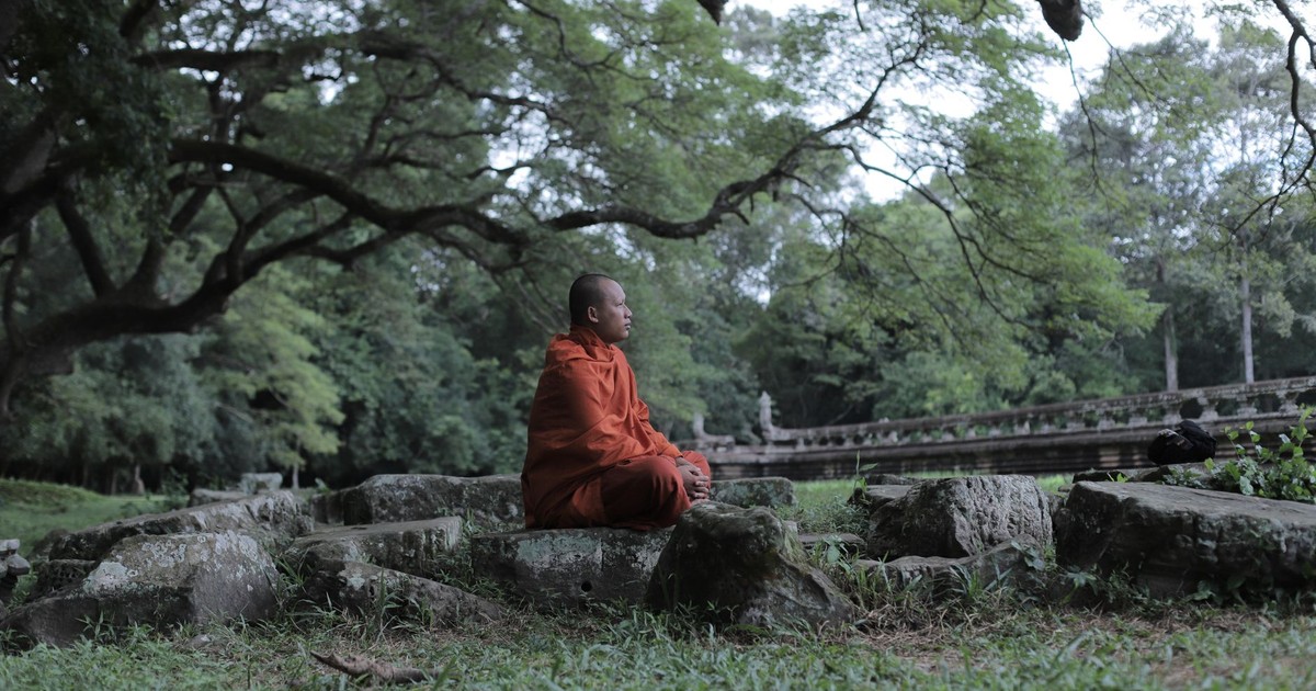 A serene scene of a monk meditating in a lush forest setting in Cambodia.