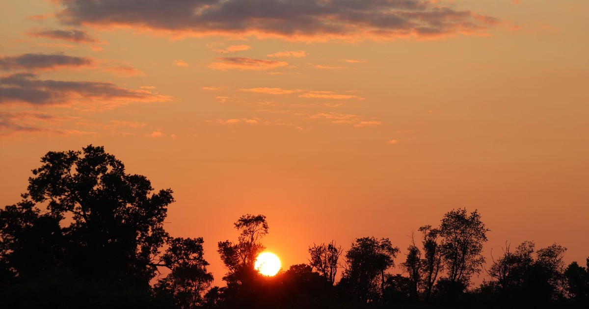 Breathtaking sunset casting an orange glow over silhouetted trees and clouds.
