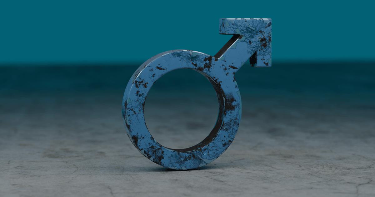 A weathered blue male gender symbol stands amidst a muted background, symbolizing masculinity.