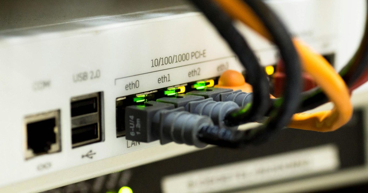 Detailed close-up of ethernet cables and network connections on a router, showcasing modern technology.
