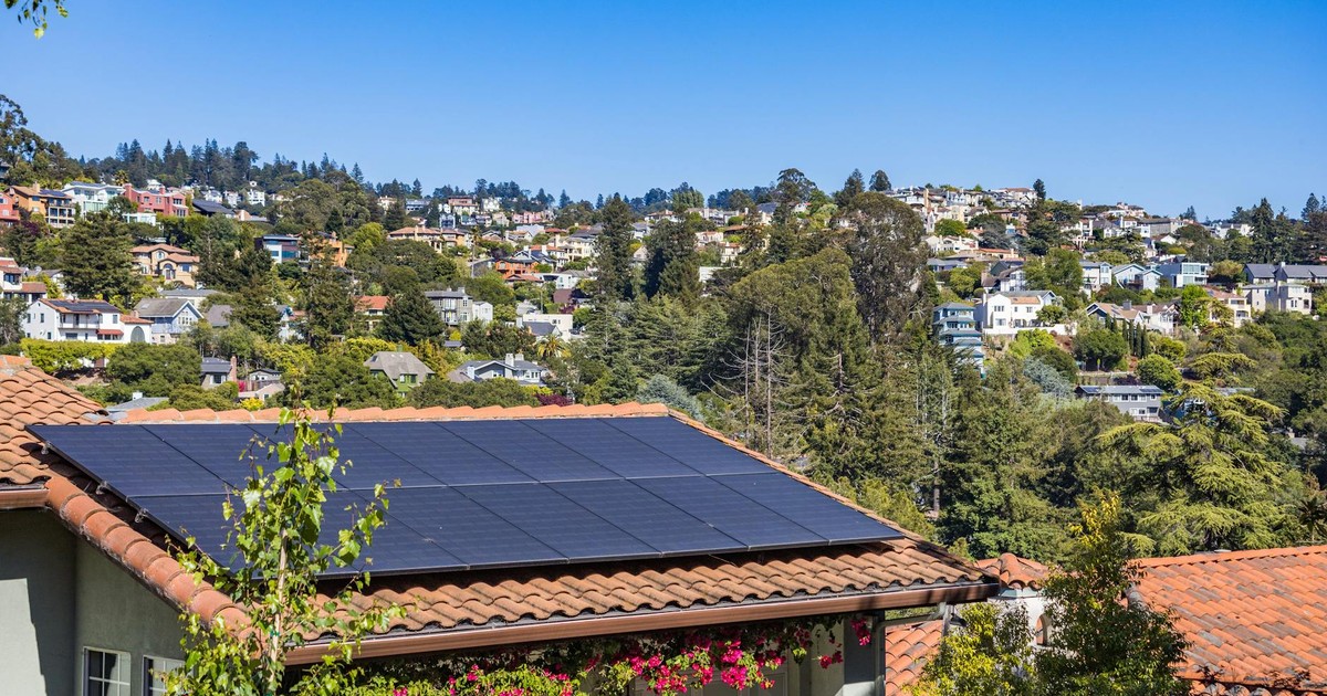 Solar panels on a suburban home, surrounded by lush greenery and a sunny blue sky.