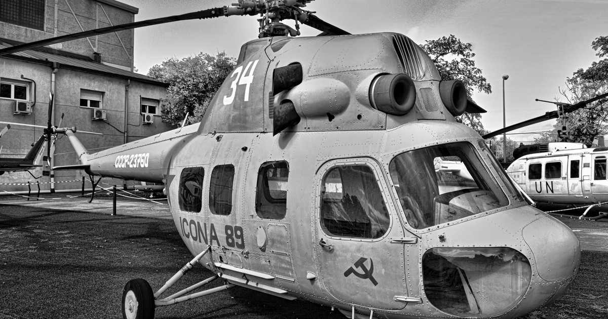 Historic Soviet helicopter with propellers on display in Madrid.
