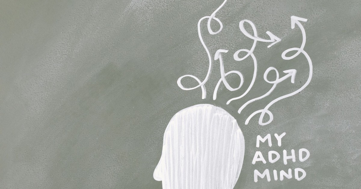Creative depiction of the ADHD mind with chalk arrows on a green board.