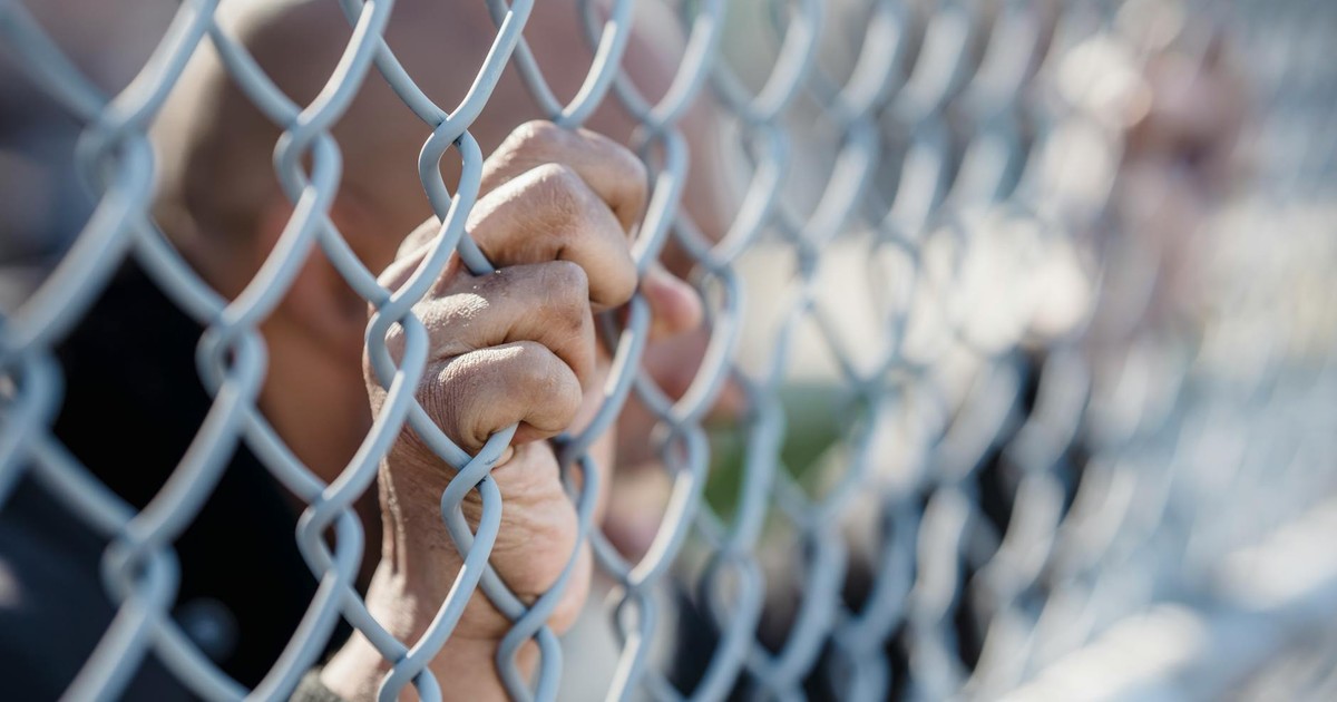 Hands gripping a chain-link fence outdoors, symbolizing confinement or yearning for freedom.