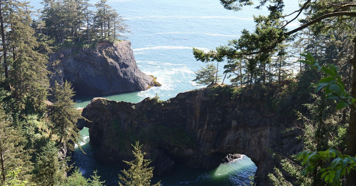 Breathtaking coastal arch with evergreen trees and ocean waves in a tranquil setting.