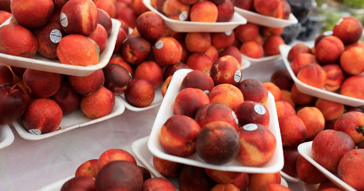 Ripe summer peaches in trays at a local market, perfect for seasonal produce imagery.