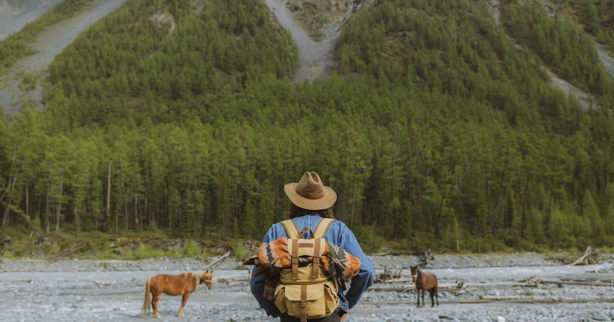 A hiker stands facing a lush mountain landscape with horses grazing nearby, portraying adventure and tranquility.