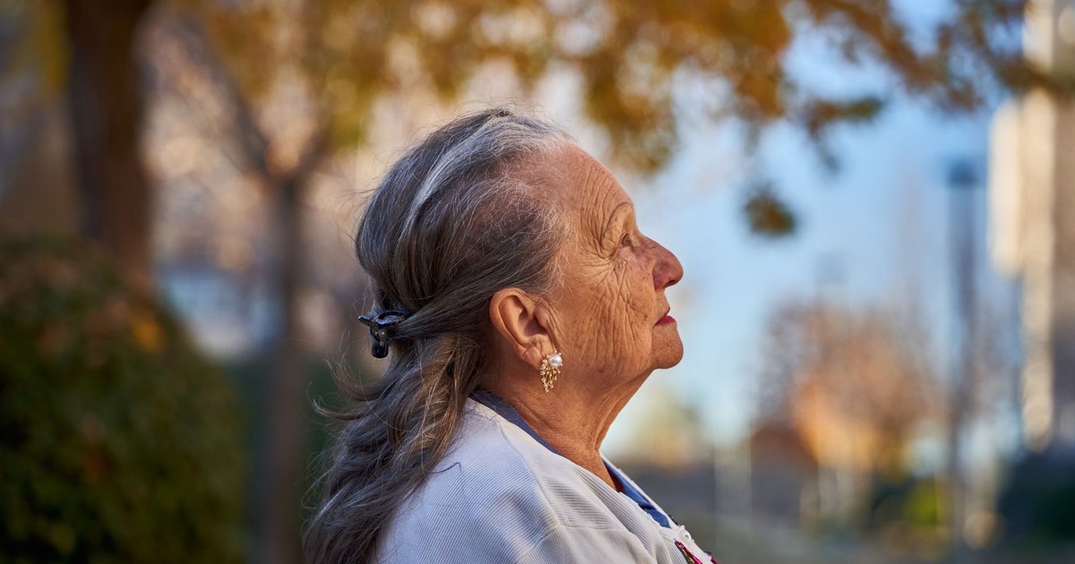 Side profile portrait of a senior woman in a sunny autumn park, San Sebastián de los Reyes.