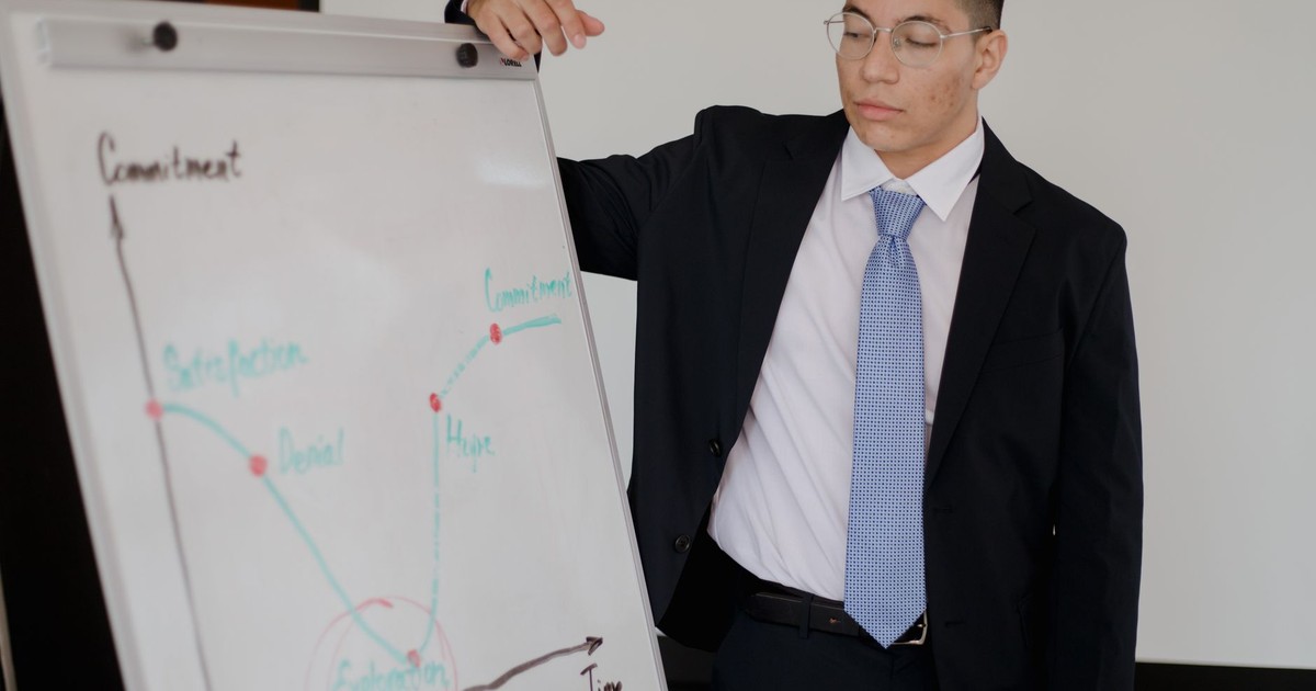 Professional man in suit presenting a graph on a whiteboard during a business meeting.