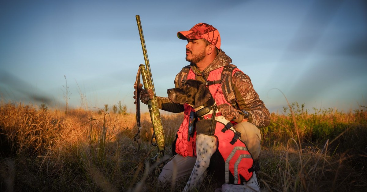 Outdoor hunting scene in Florida, featuring a hunter and dog at sunset, capturing the essence of nature and adventure.