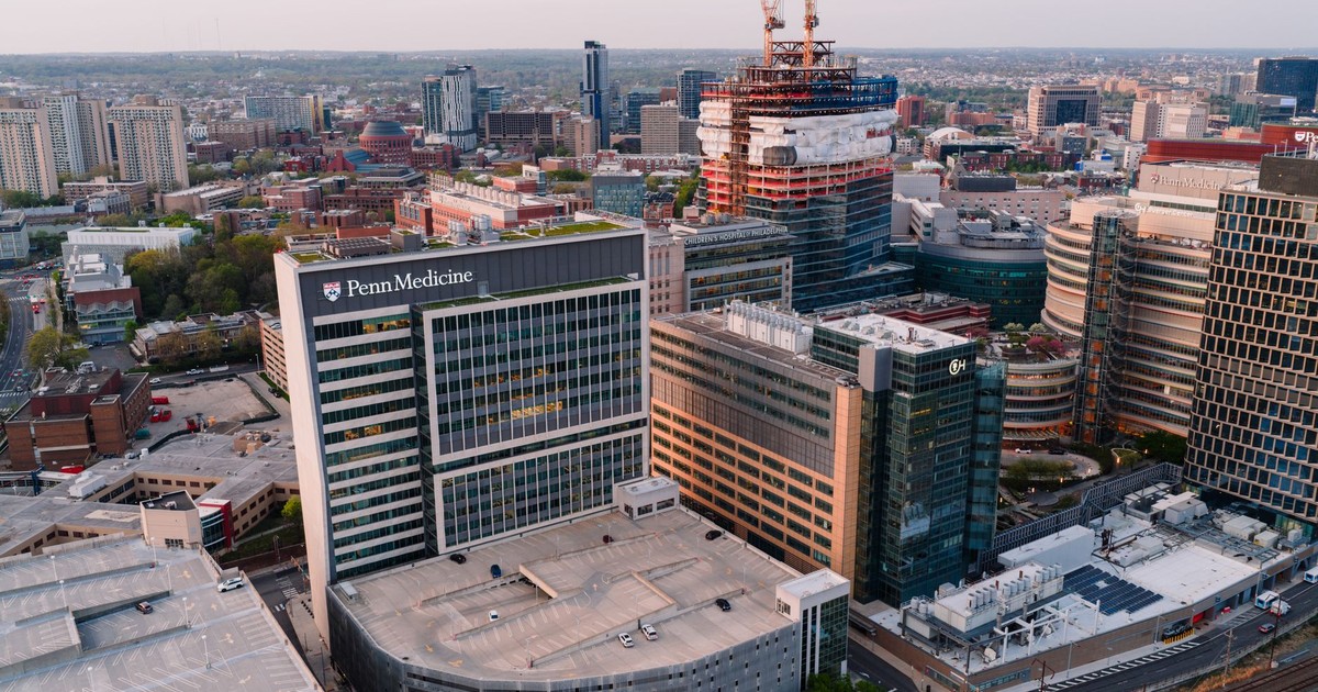 Aerial view of Penn Medicine and surrounding architecture in downtown Philadelphia during daytime.
