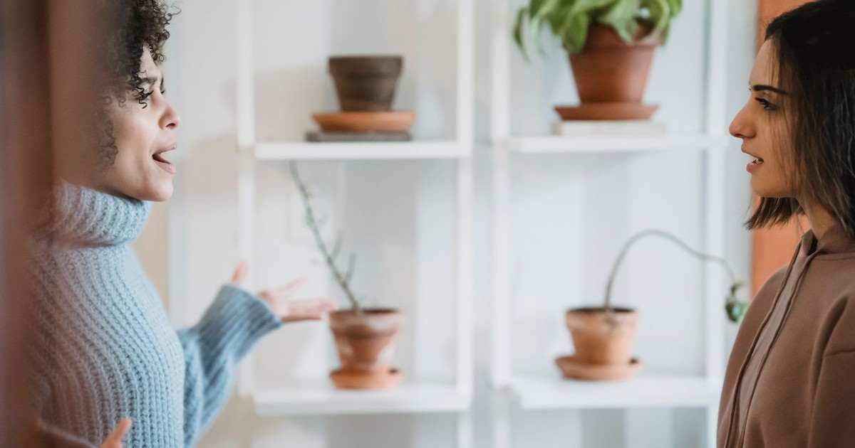 Side view of African American female yelling at woman while looking at each other during conflict in room with green plants
