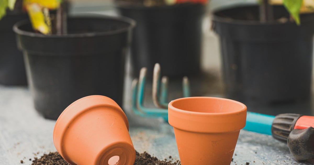 Close-up of clay pots and gardening tools in an outdoor setting. Ideal for garden enthusiasts.