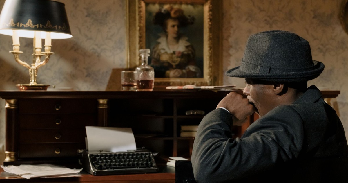 Cinematic portrayal of a detective in a vintage office, creating a mysterious and retro ambiance.