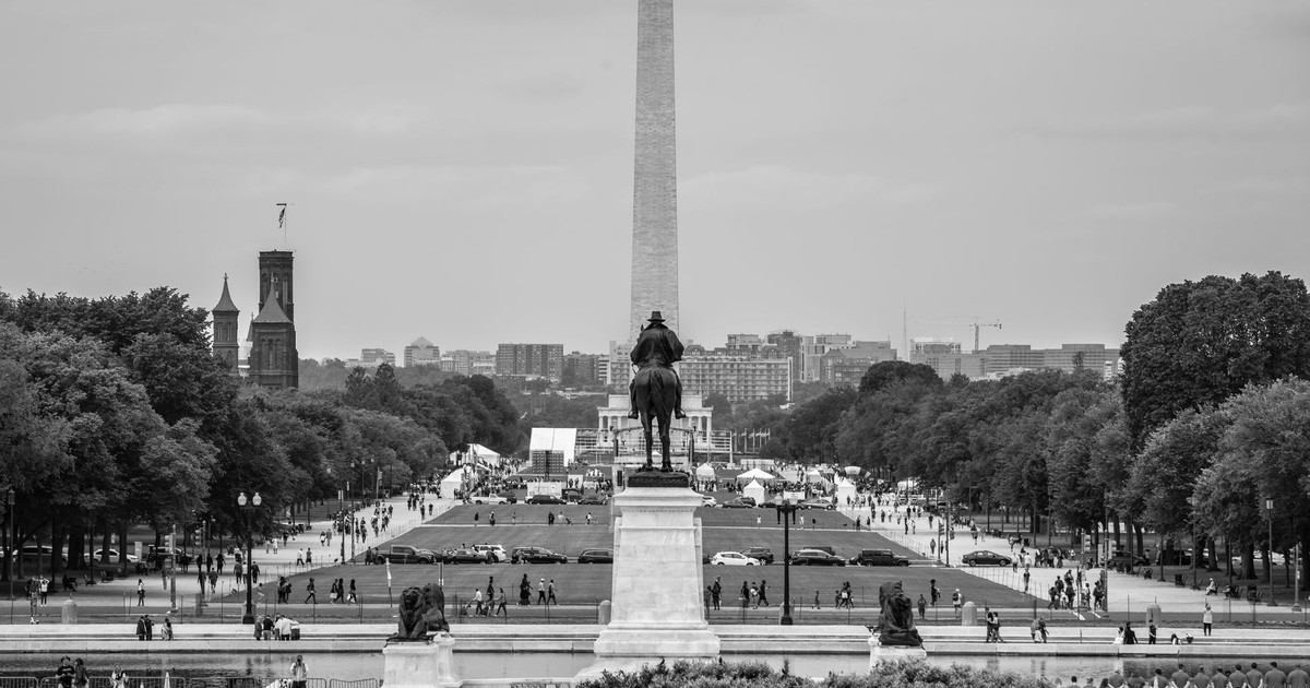 Black and white view of the Washington Monument from Capitol Hill in Washington, D.C.