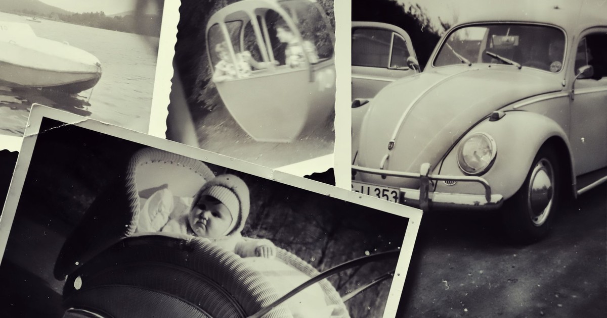 A nostalgic collage of black and white vintage photos depicting a VW Beetle, a stroller, and a baby surrounded by nature.