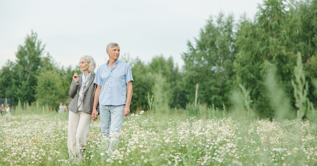 A senior couple enjoying a peaceful walk through a lush flower field on a sunny day.