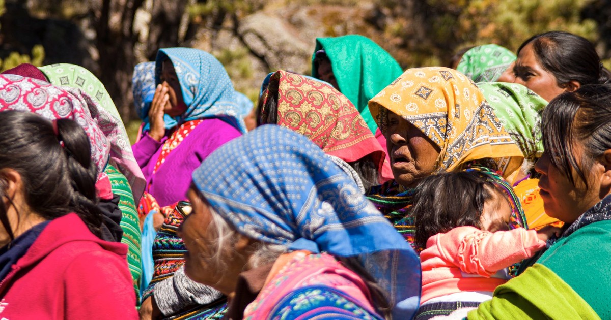 A colorful gathering of Indigenous women in traditional attire, showcasing cultural diversity.