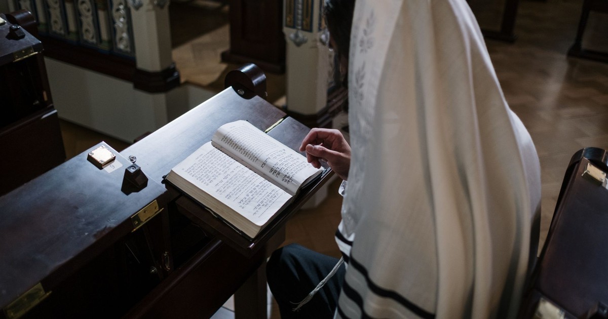 A person wearing a tallit reads from a Torah inside a synagogue, emphasizing religious devotion.