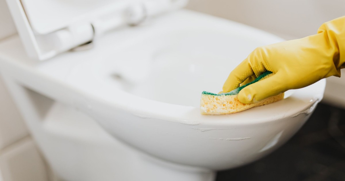 Crop unrecognizable person in yellow rubber glove cleaning toilet bowl with disinfecting detergent and sponge