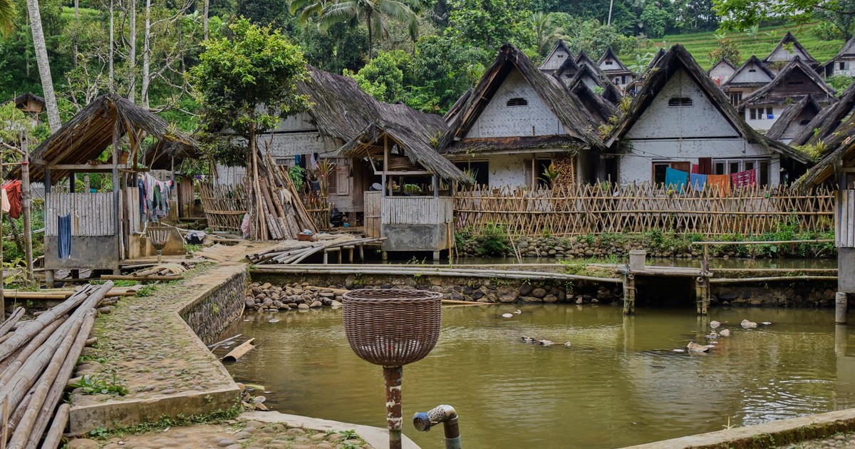 Scenic view of traditional thatched-roof village houses by a pond in a rural setting.
