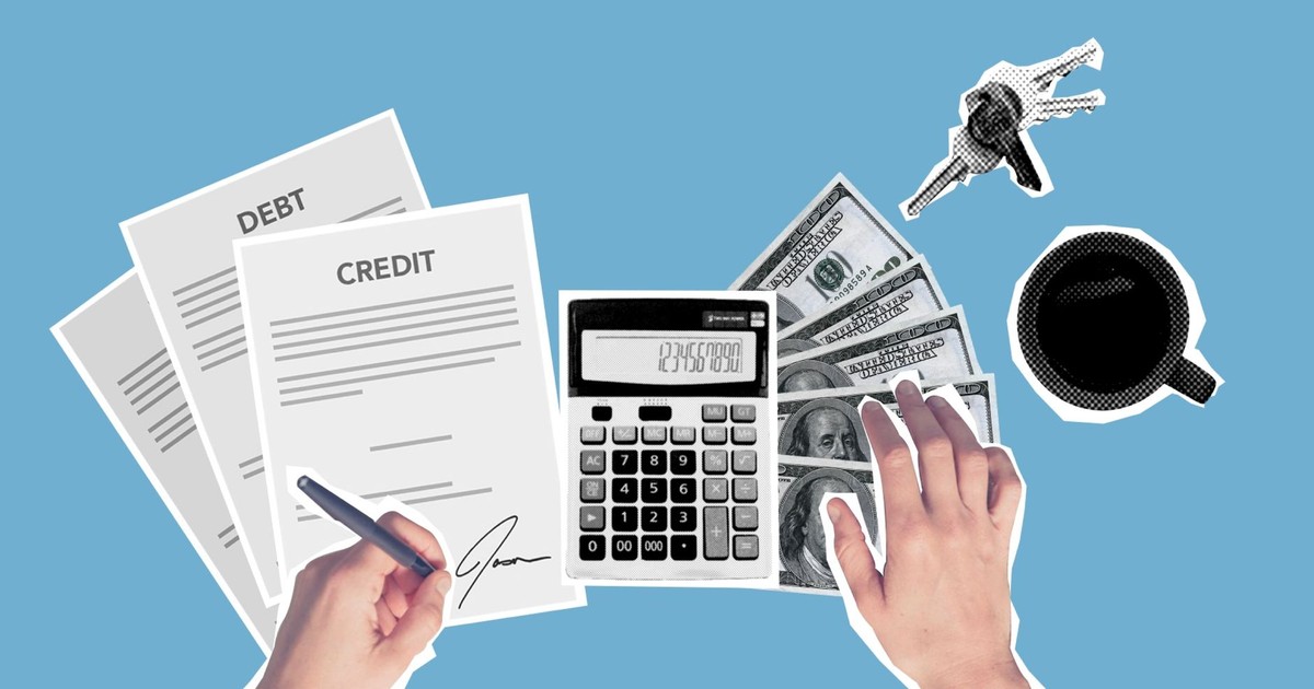 Top view of cutout paper composition of male signing credit paper while counting cash and apartment cost against blue background