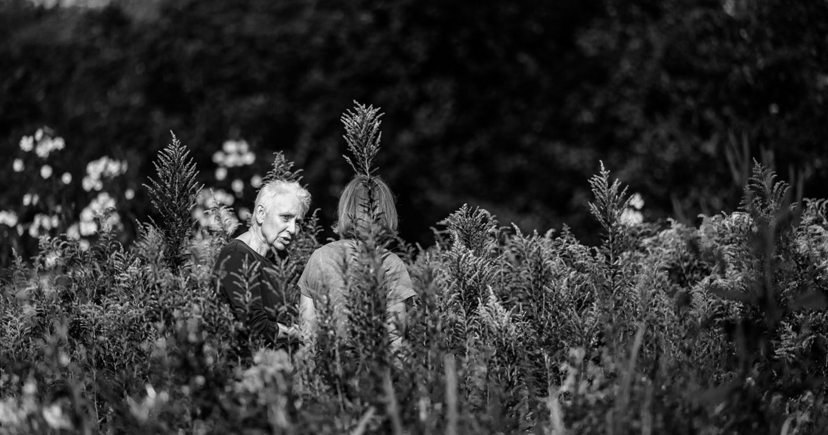 Black and white photo depicting two people in a garden, surrounded by tall plants, capturing a serene moment of conversation.
