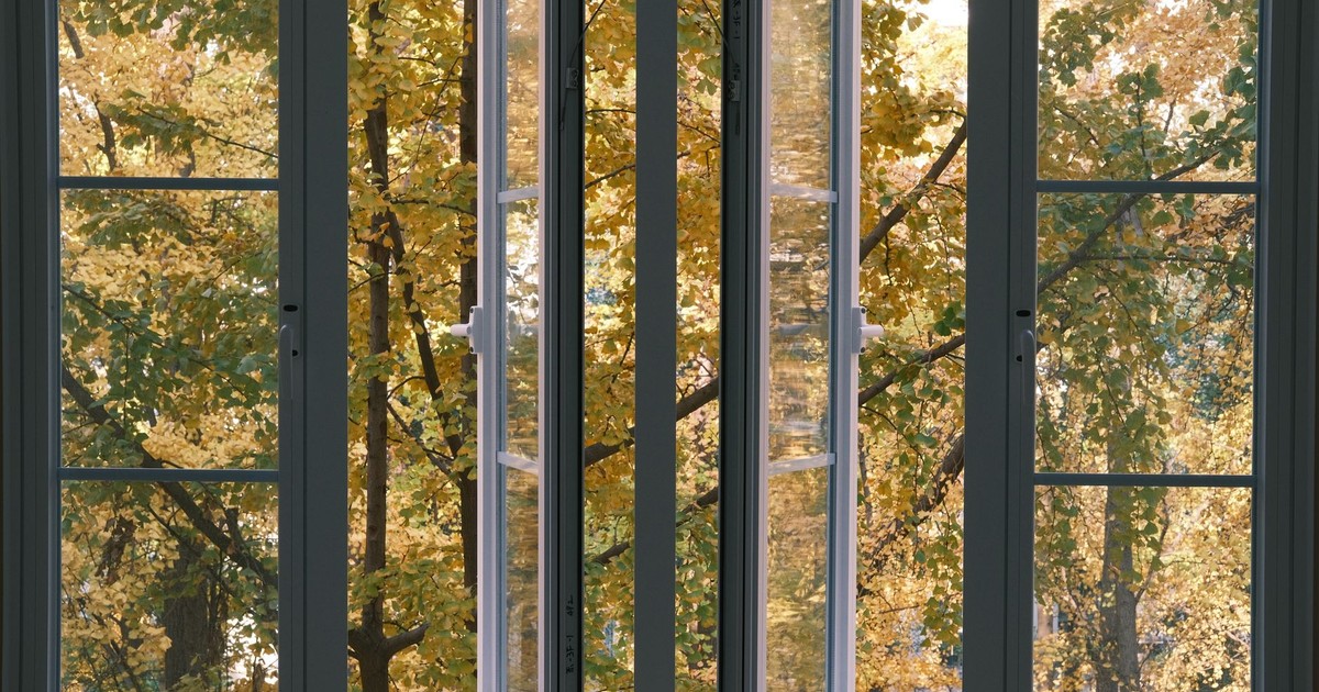 View through an open window showing vibrant autumn foliage.