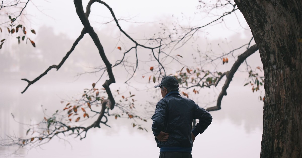 Elderly man stands alone by a misty lake, surrounded by bare trees.