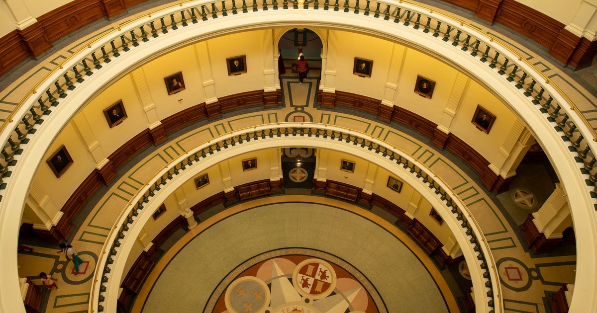 High angle view of the neoclassical ornate interior of the Texas State Capitol in Austin, Texas.