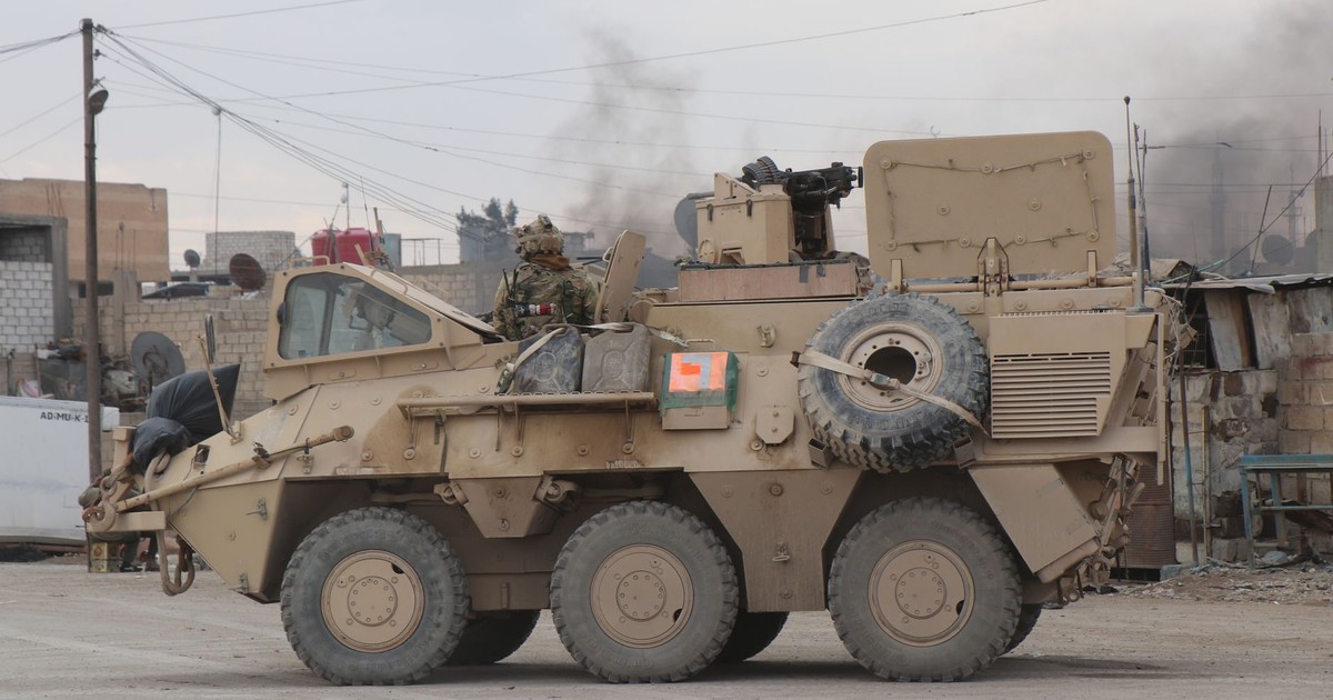A military vehicle in an urban conflict environment in Al Hasakah, Syria.