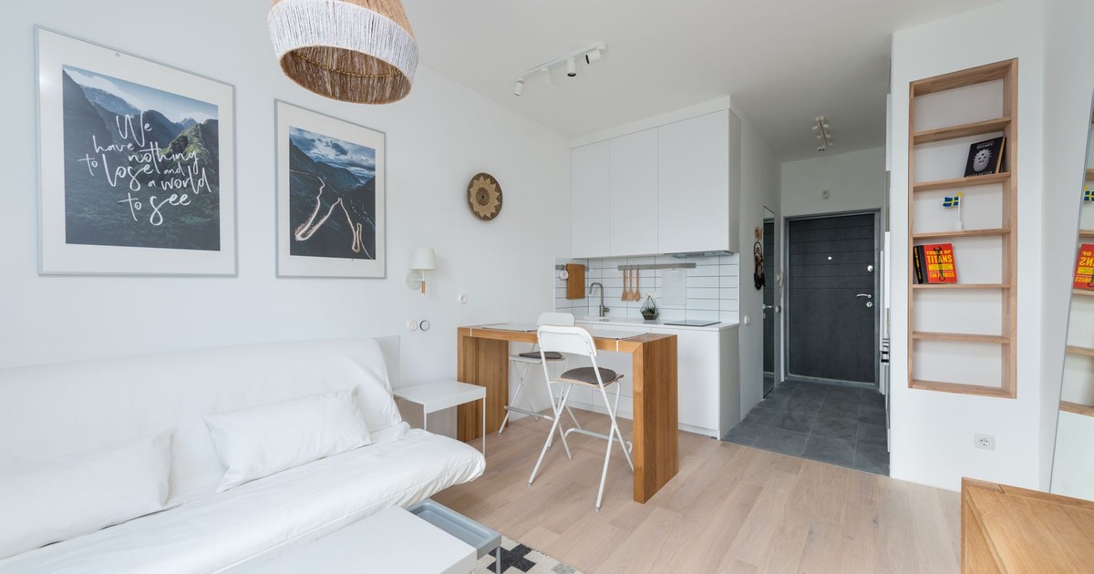 Minimalist wooden furniture in modern studio apartment with white sofa and kitchen cupboards in sunlight