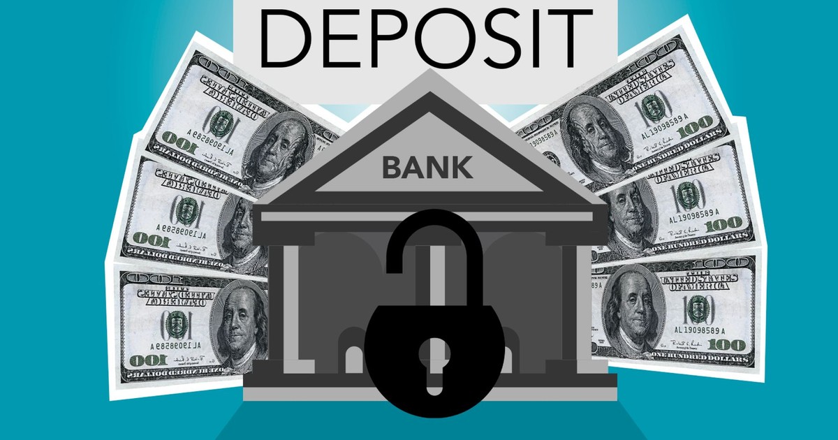Decorative cardboard illustration of lock on bank with American paper money under Deposit inscription on blue background