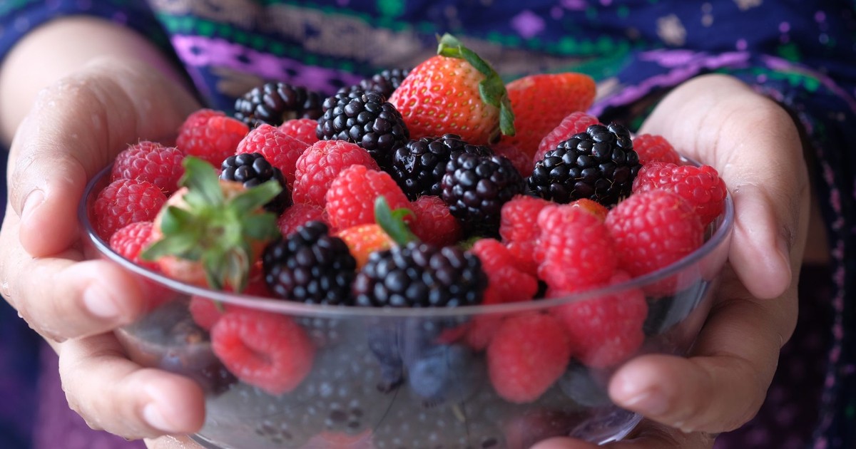 Close-up of hands holding a glass bowl filled with fresh mixed berries.
