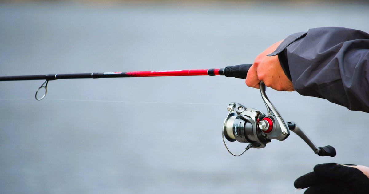 A person holds a fishing rod at a serene lake, capturing a peaceful moment.