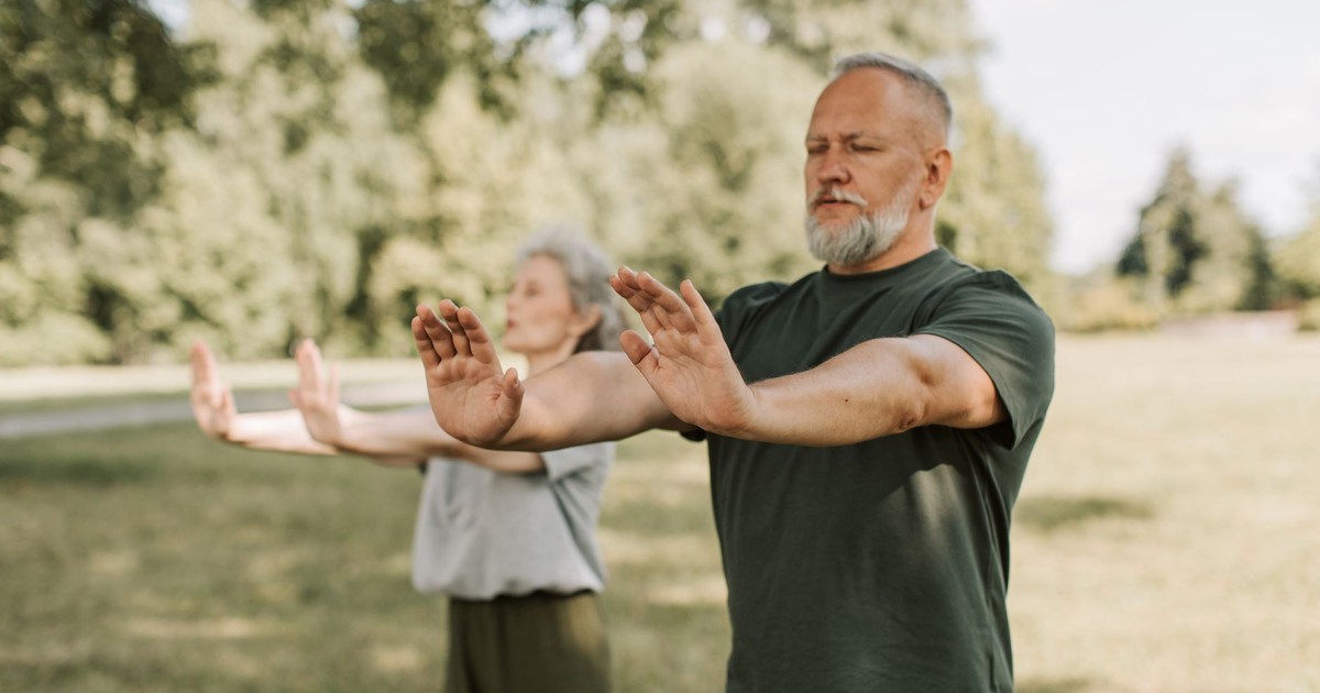 Elderly couple engaged in outdoor Tai Chi, promoting wellness and fitness in a park setting.