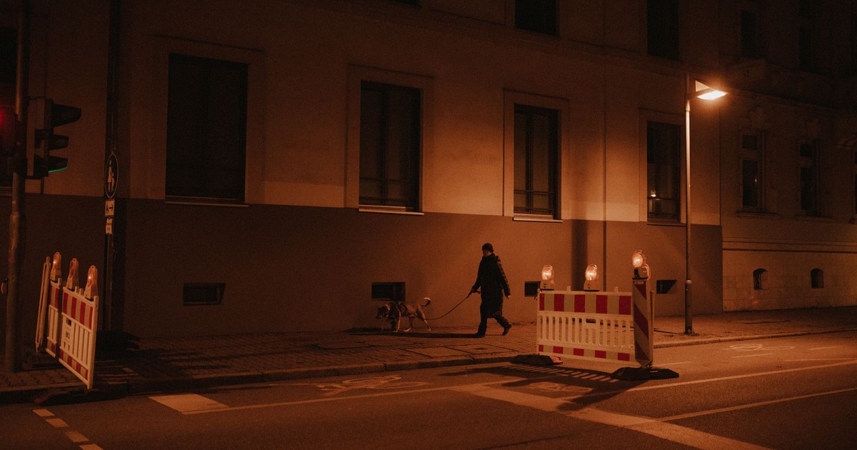 A person walking their dog on a quiet street at night under streetlights.