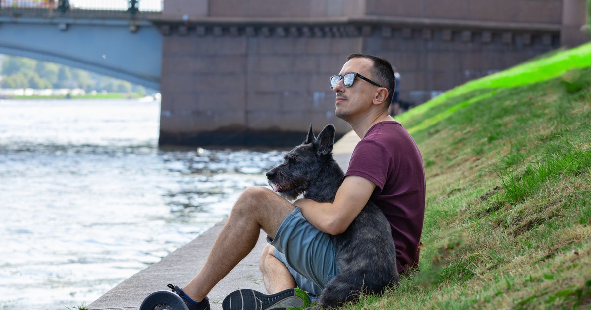 A man sitting by the river with his dog enjoying a peaceful summer day, with a bridge in the background.